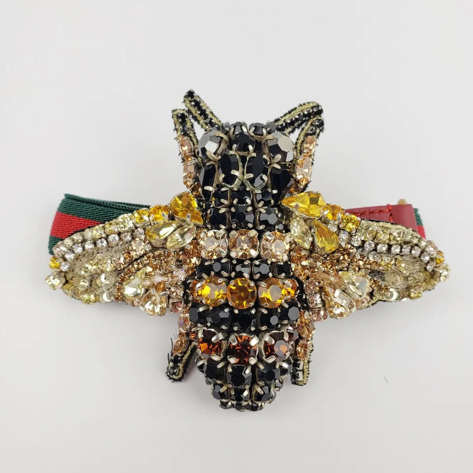 Gucci Black/Gold Crystal Bee Bracelet w/Tiger Head and GRG Elastic Band