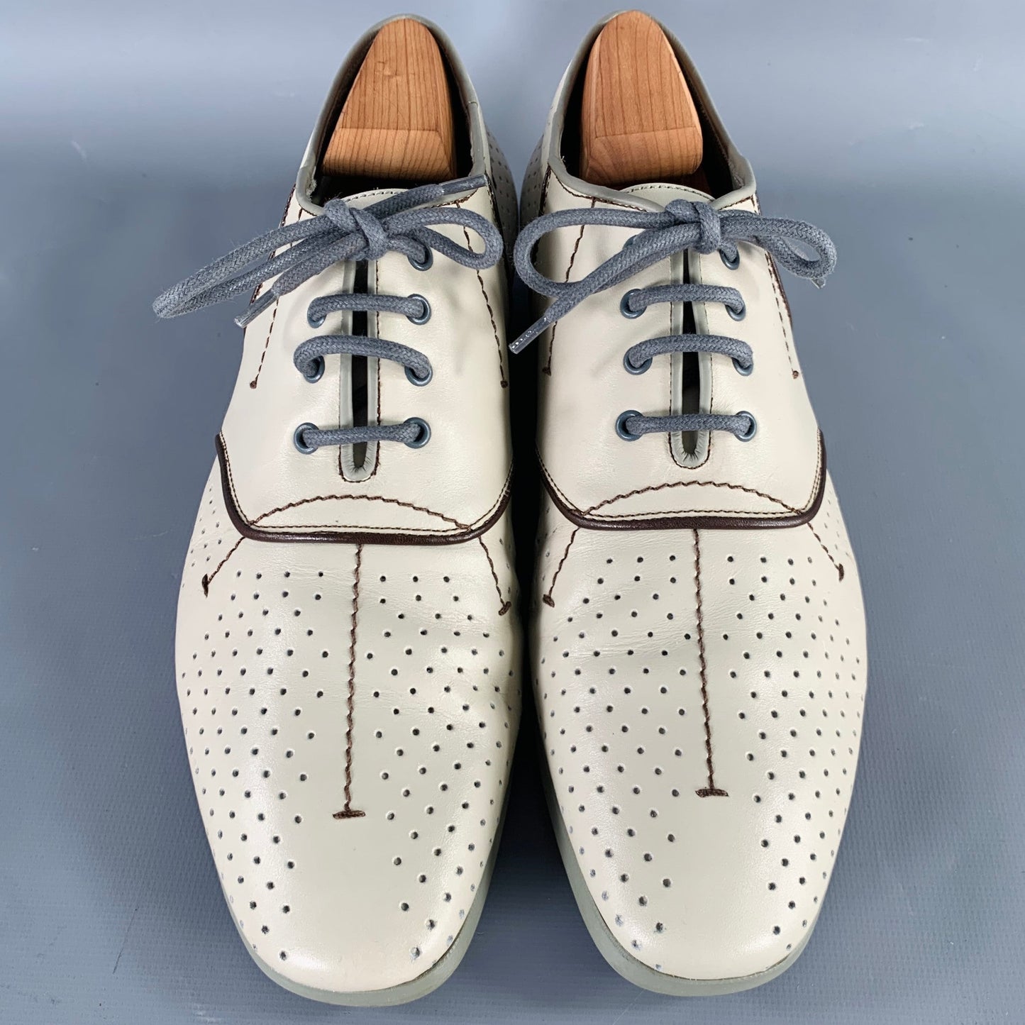 PRADA Size 7.5 Grey Brown Perforated Leather Lace-Up Shoes