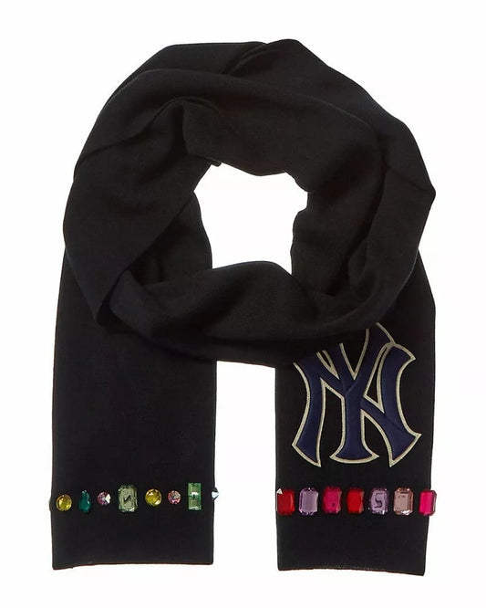 New Gucci NY Yankee Black Wool Scarf With Multi-color Gems