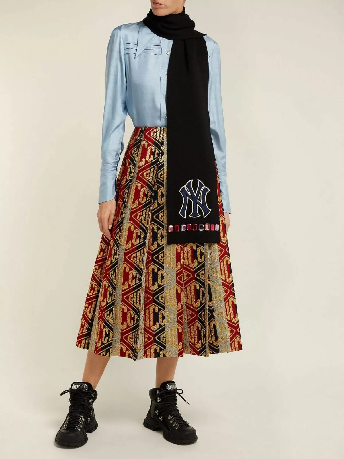 New Gucci NY Yankee Black Wool Scarf With Multi-color Gems