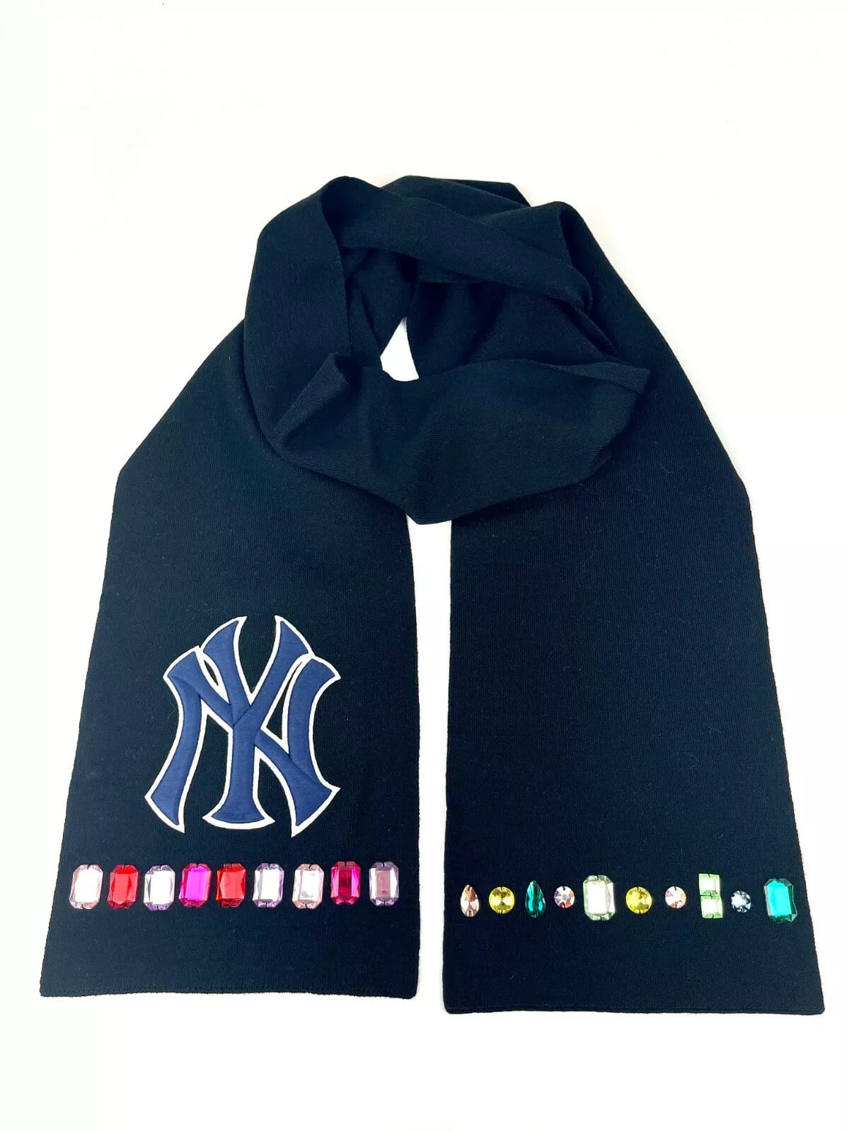 New Gucci NY Yankee Black Wool Scarf With Multi-color Gems