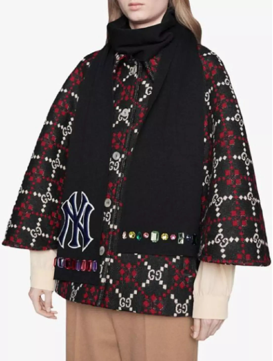 New Gucci NY Yankee Black Wool Scarf With Multi-color Gems