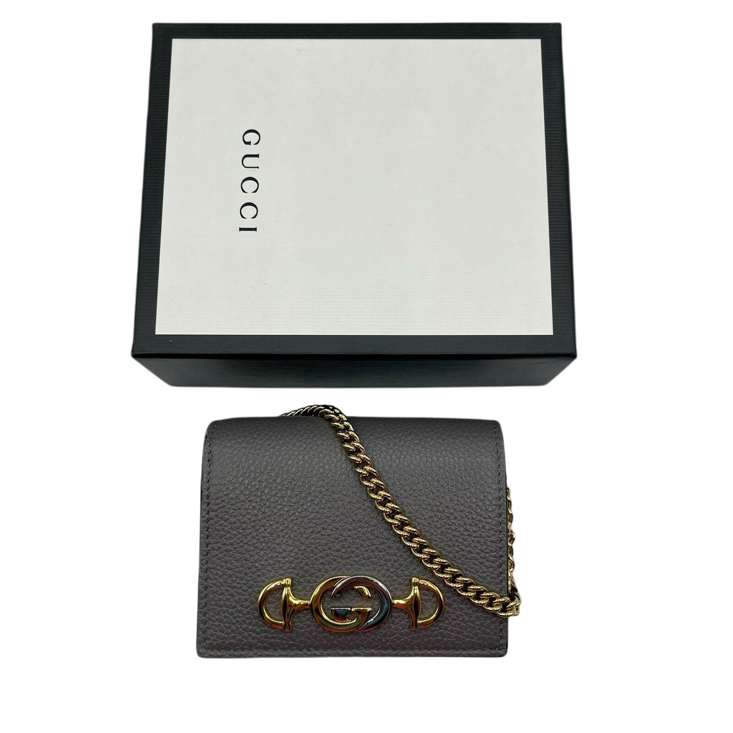 Gucci Zumi Women's Grey Leather Gold Chain Bi-Fold Mini Wallet GG Logo