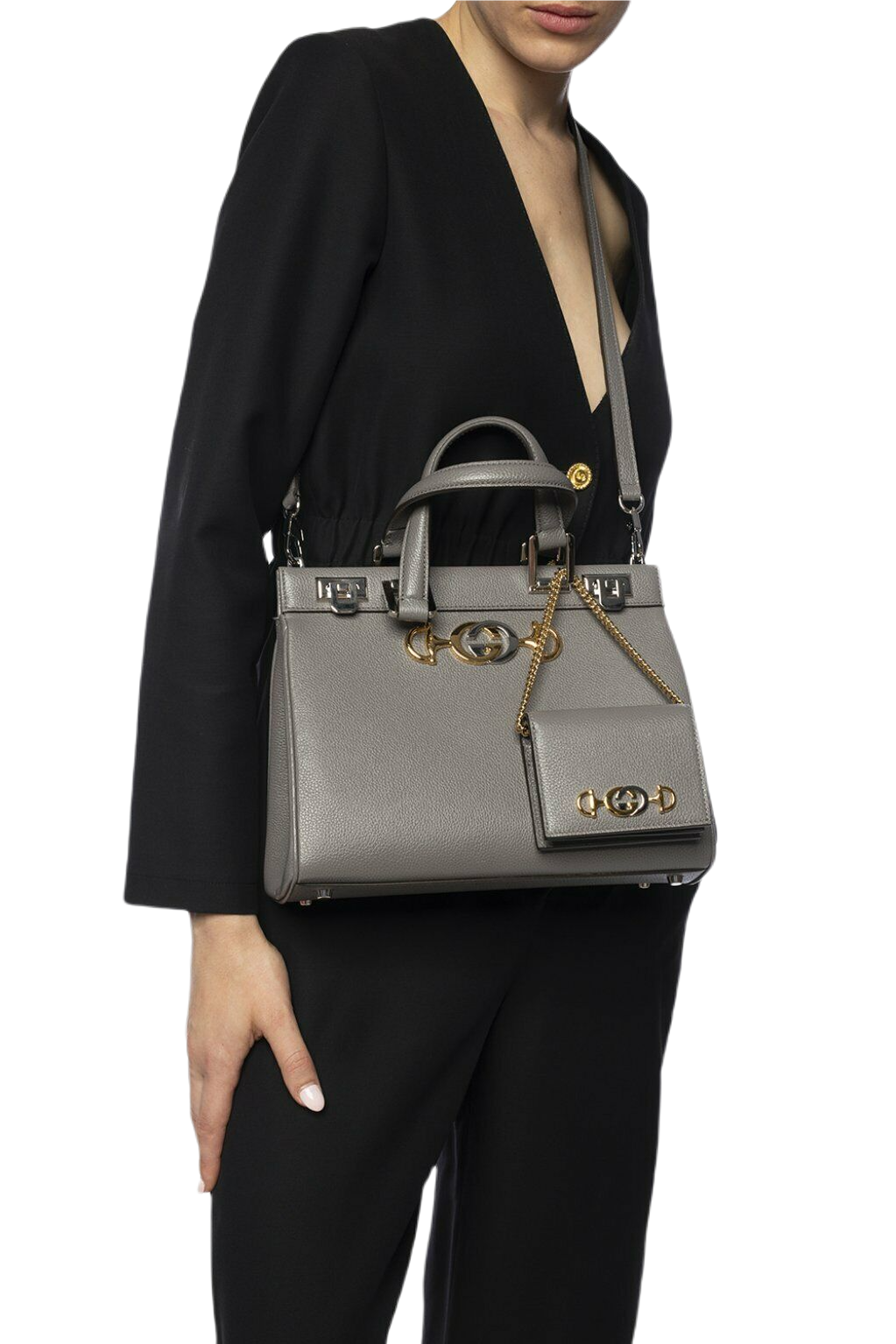 Gucci Zumi Women's Grey Leather Gold Chain Bi-Fold Mini Wallet GG Logo