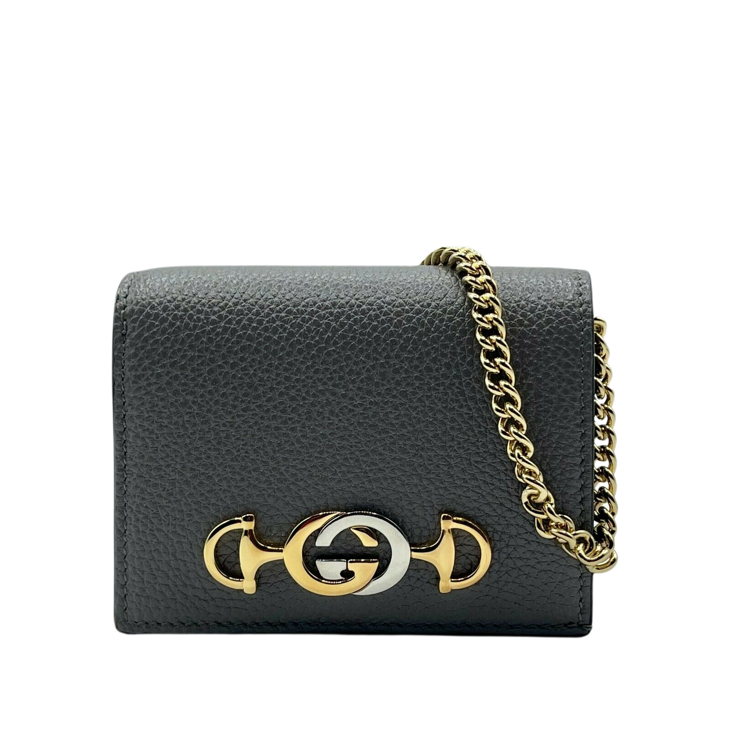 Gucci Zumi Women's Grey Leather Gold Chain Bi-Fold Mini Wallet GG Logo