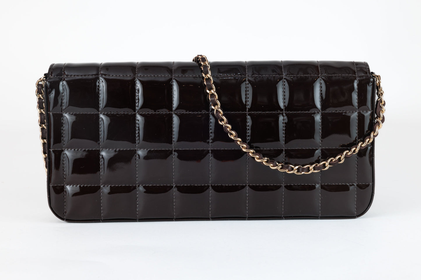 Chanel Brown Patent Leather Chocolate Bar East West Flap Bag with Gold Hardware