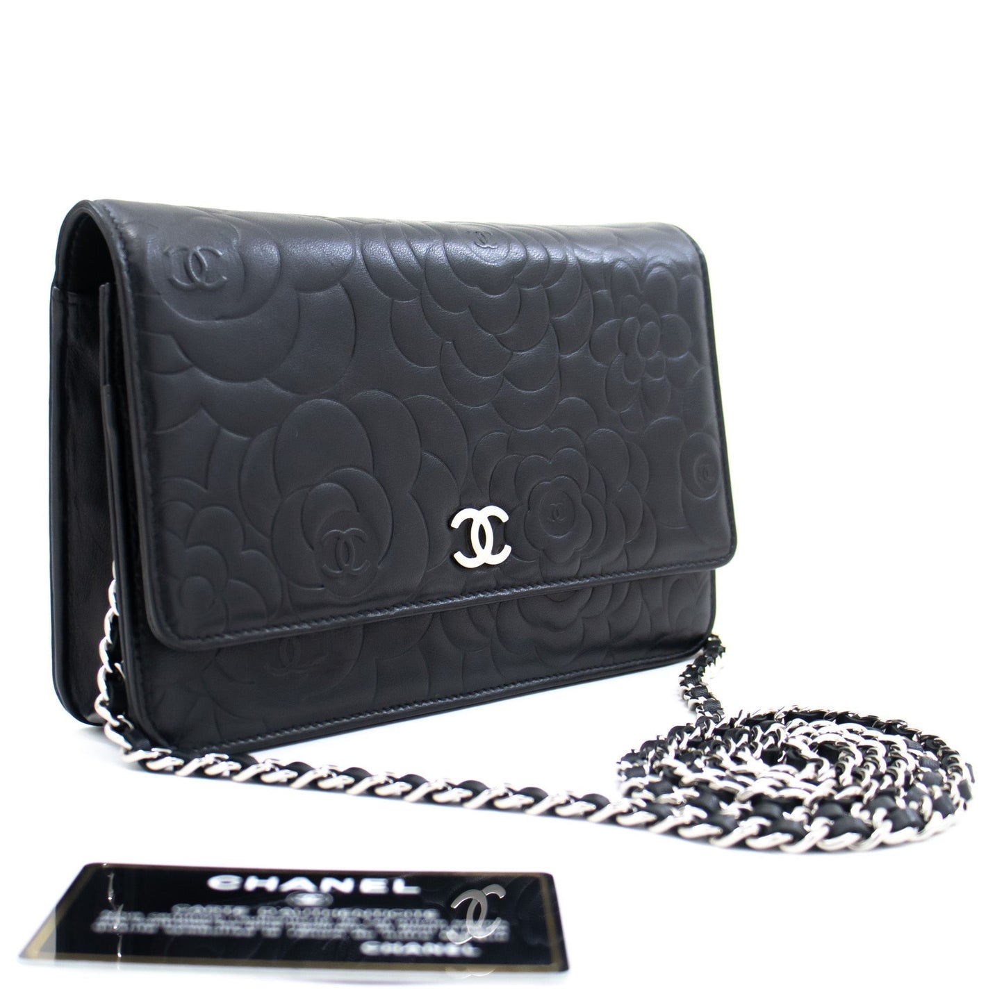 CHANEL Black Camellia Embossed Wallet On Chain WOC Shoulder Bag k68