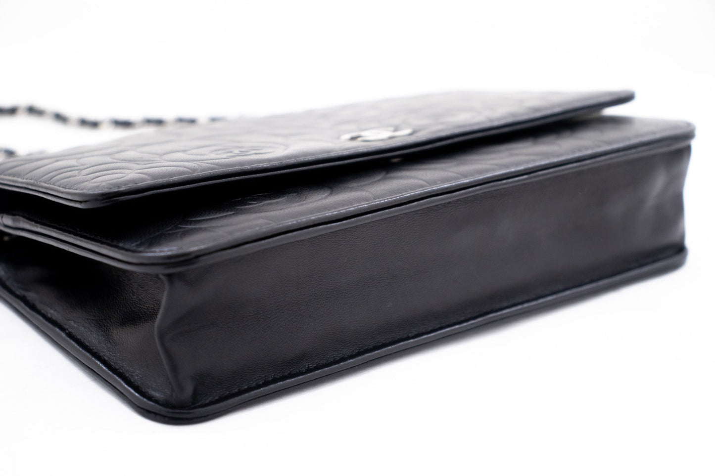 CHANEL Black Camellia Embossed Wallet On Chain WOC Shoulder Bag k68