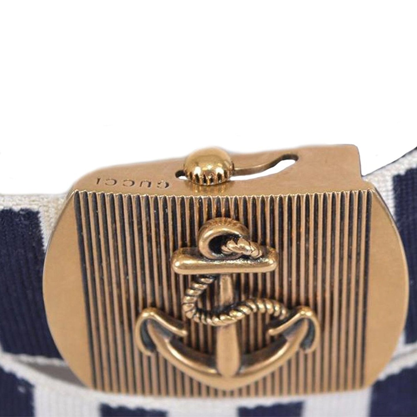 Gucci Men's Navy / White Fabric Brass Anchor Buckle Striped Belt 375191