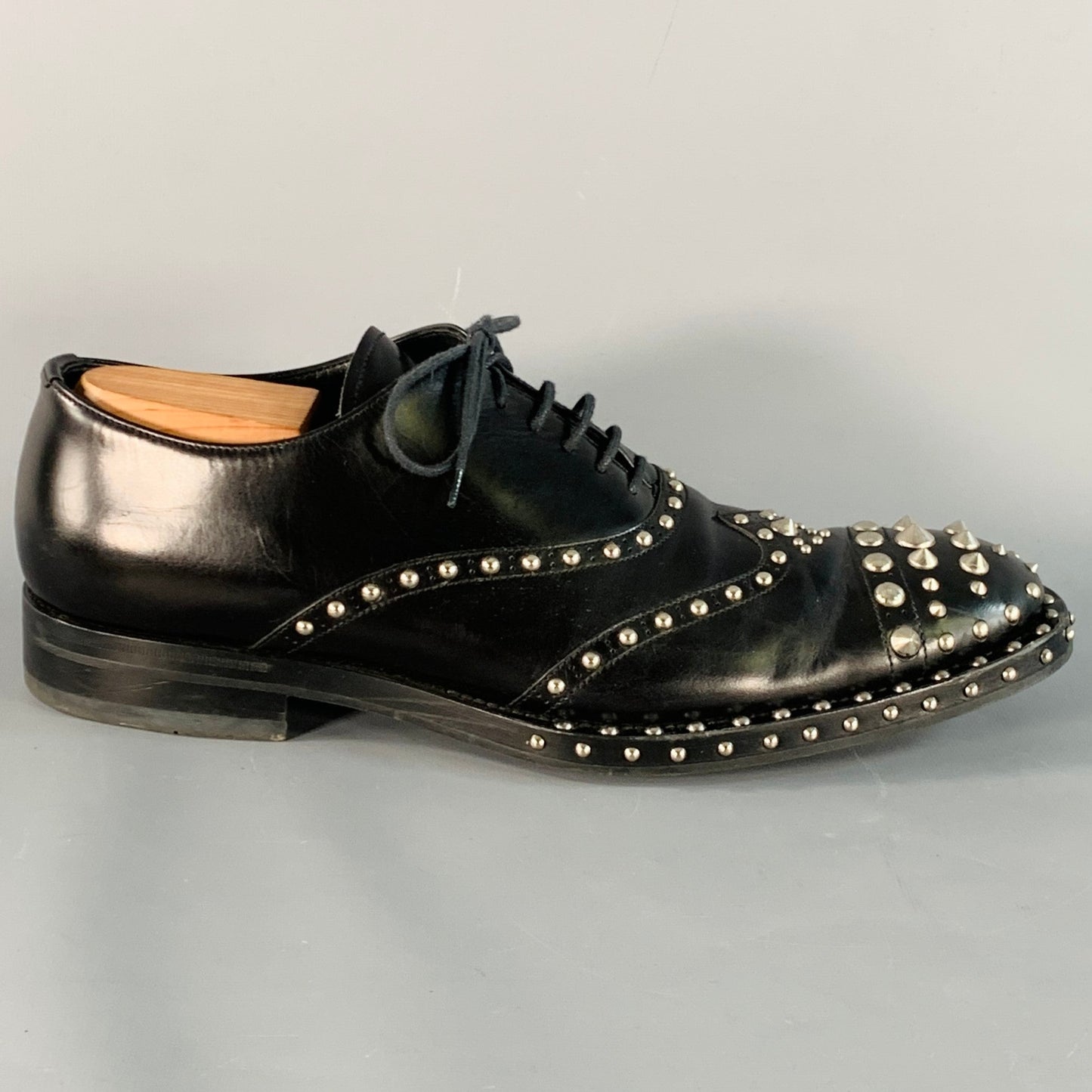 PRADA Size 10 Black Silver Studded Leather Cap Toe Lace Up Shoes
