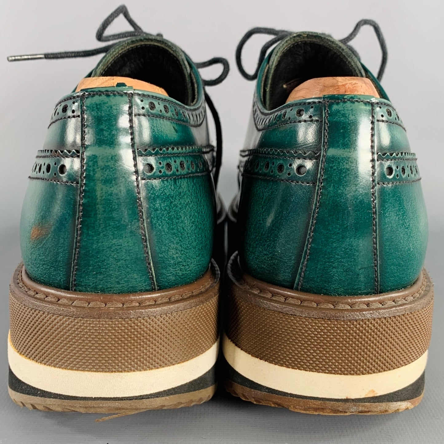 PRADA Size 6.5 Green Brown Wingtip Leather Platform Lace-Up Shoes