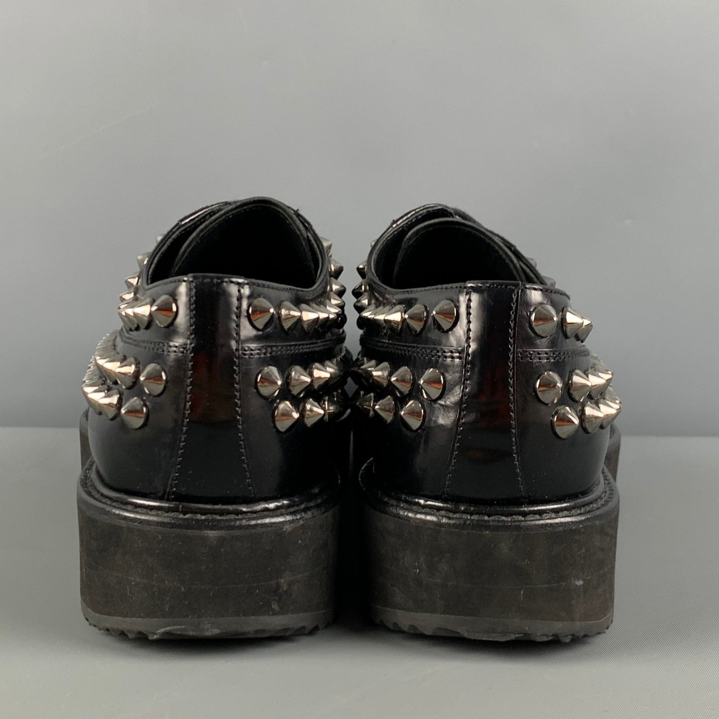 PRADA Size 9 Black Silver Studded Leather Platform Lace-Up Shoes