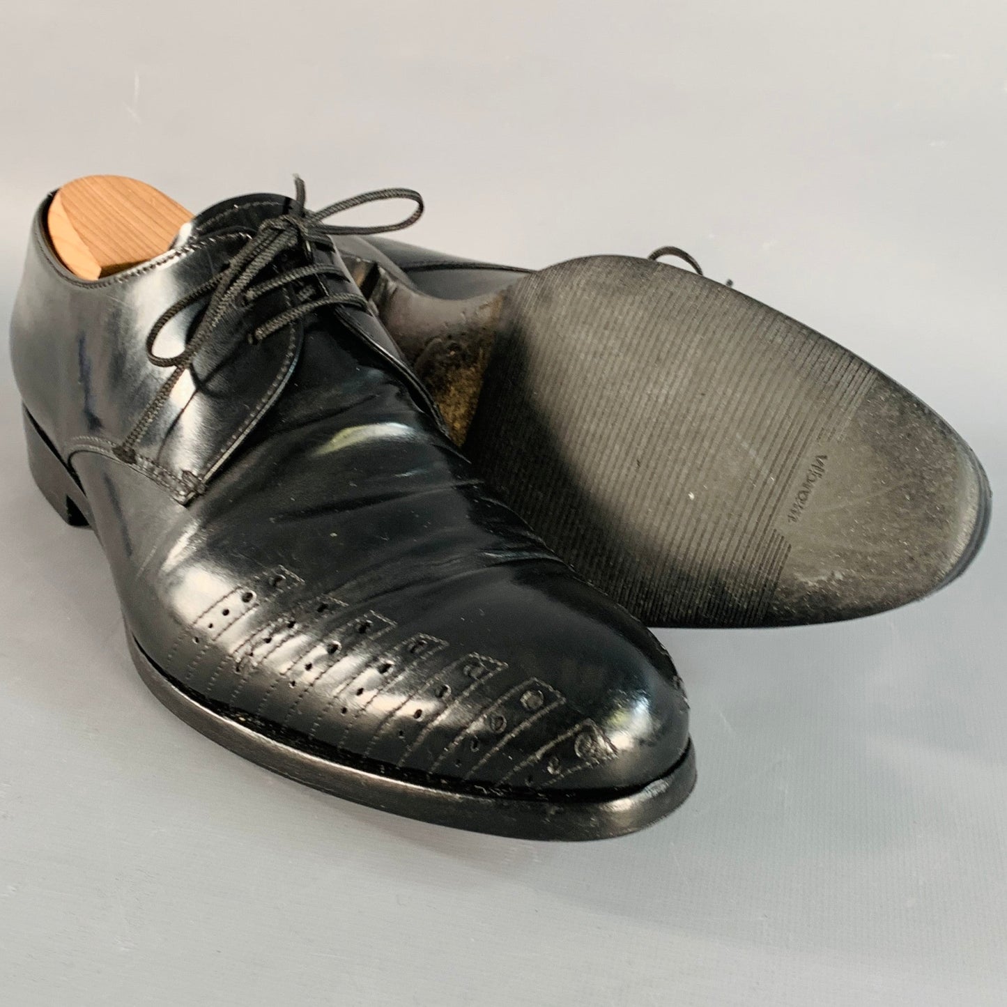 PRADA Size 7 Black Perforated Leather Derby Lace-Up Shoes