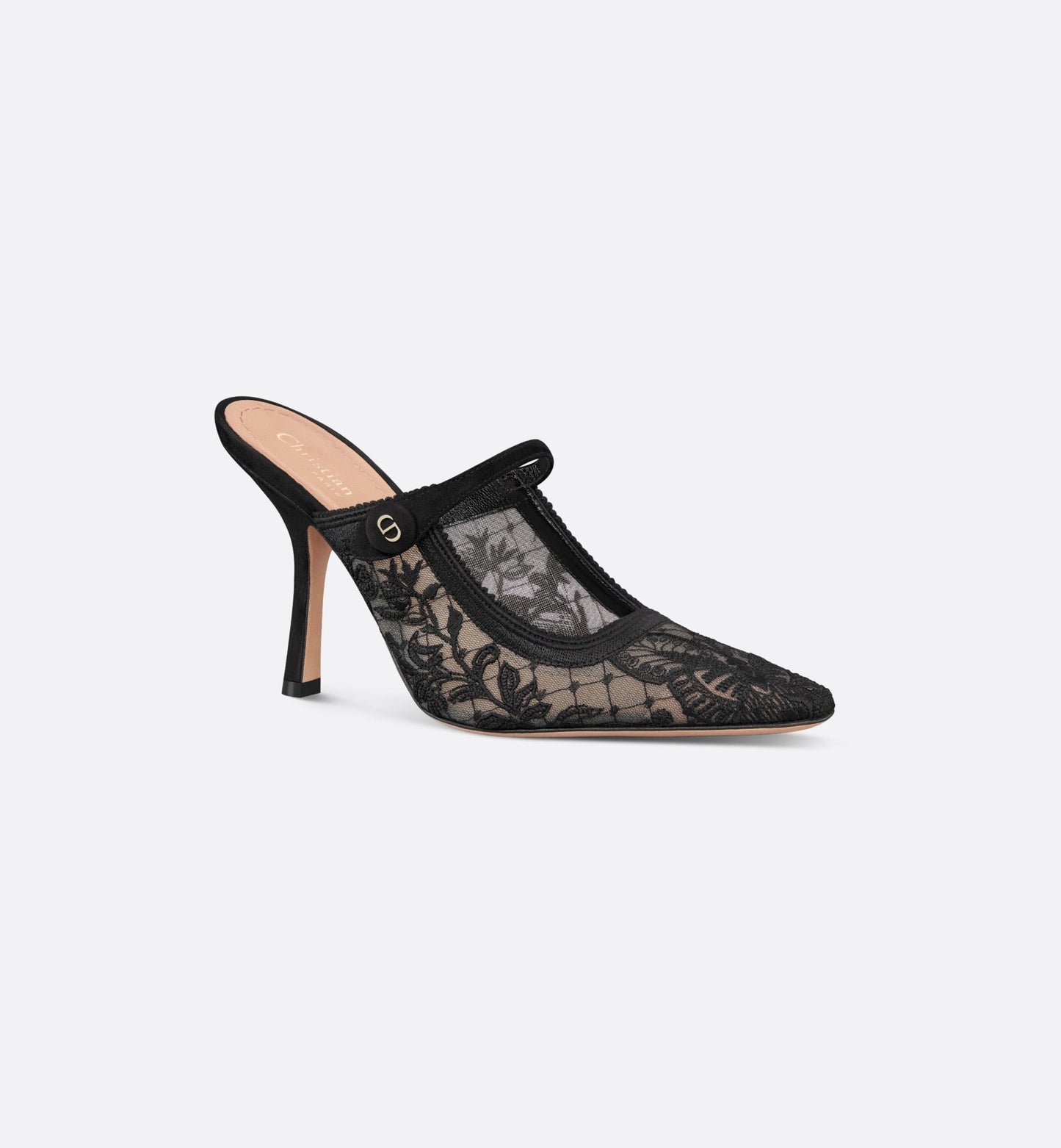 Dior Capture Heeled Mule • Transparent Mesh Embroidered with Black Butterfly Motif and Suede Calfskin