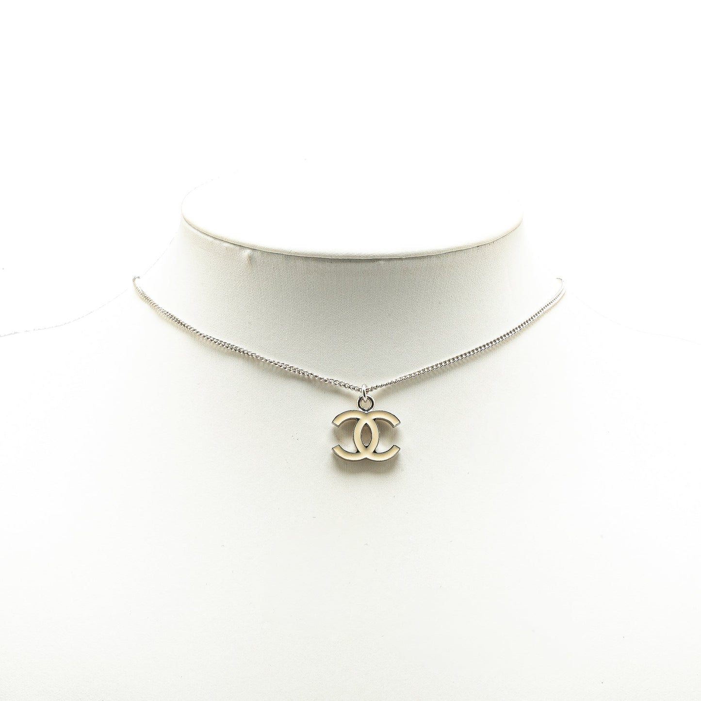 Silver Chanel Silver CC Enamel Pendant Necklace