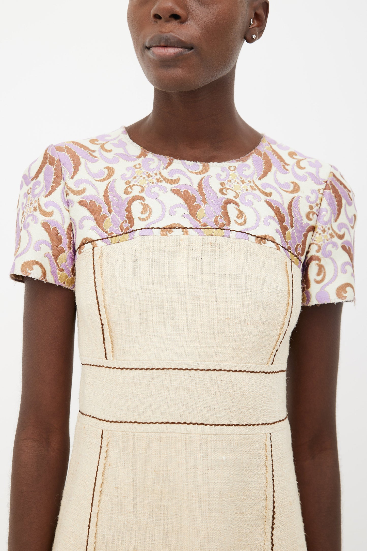 2015 Prada Beige & Purple Brocade Short Sleeve Dress