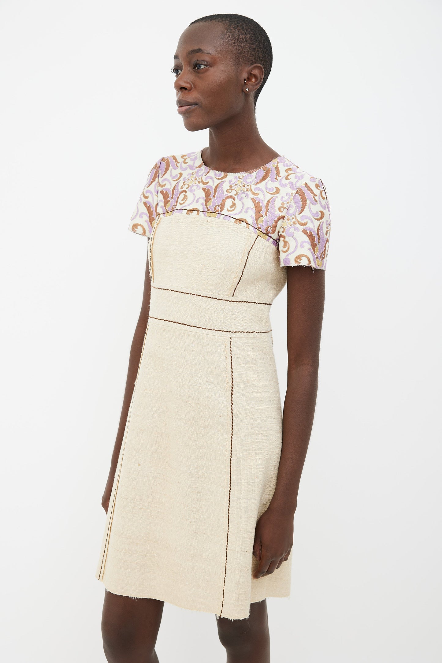 2015 Prada Beige & Purple Brocade Short Sleeve Dress