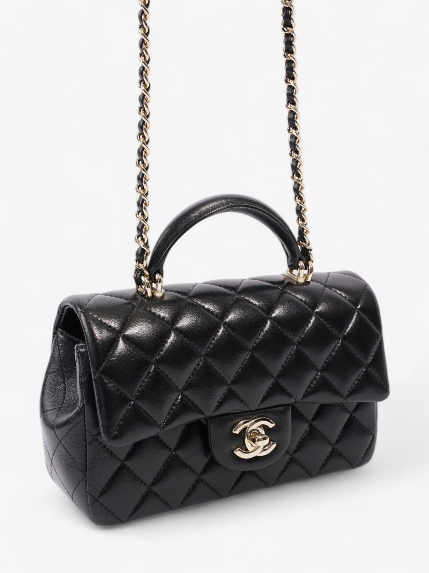 Chanel Rectangular Top Handle Bag Black Lambskin Leather Mini