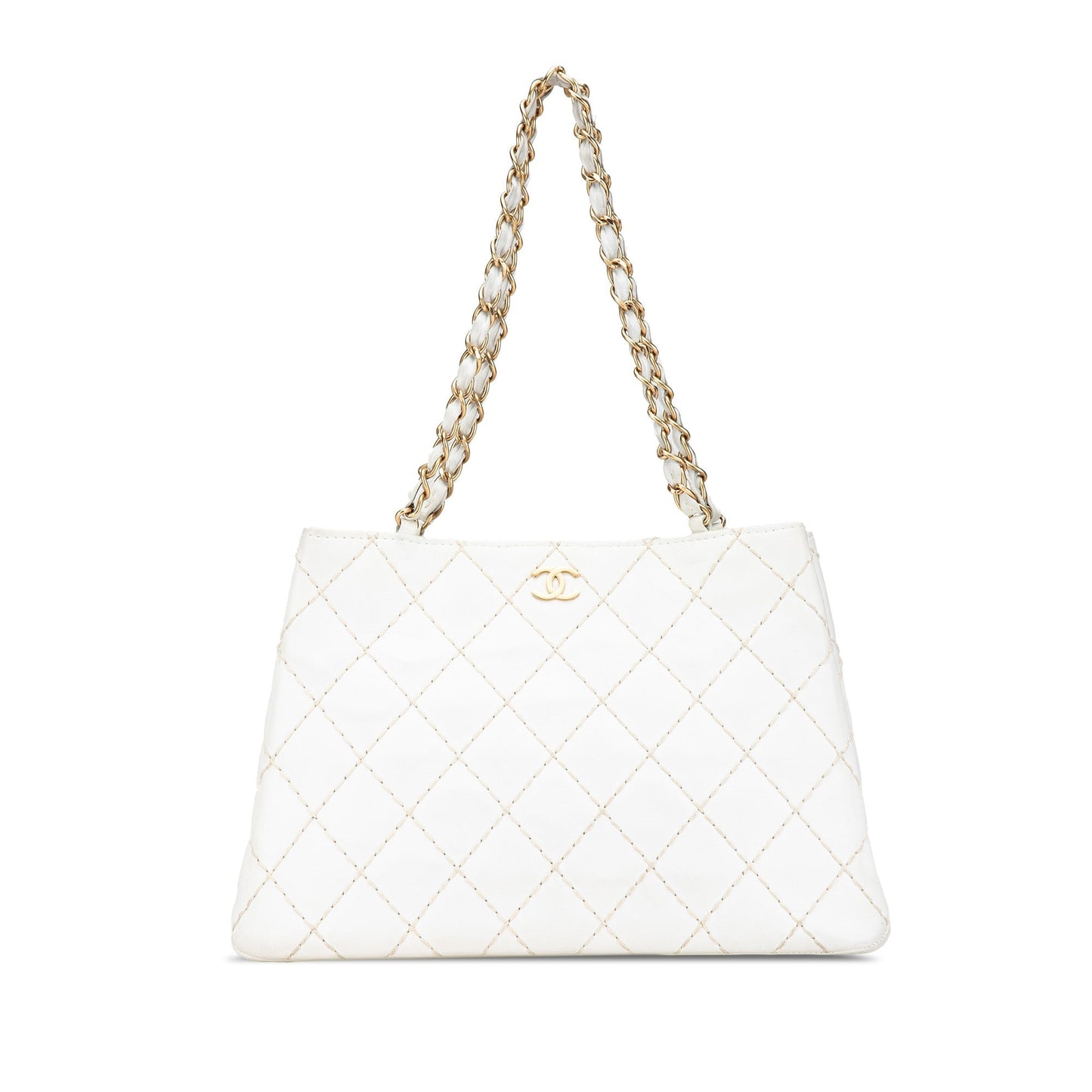 White Chanel CC Quilted Lambskin Wild Stitch Tote