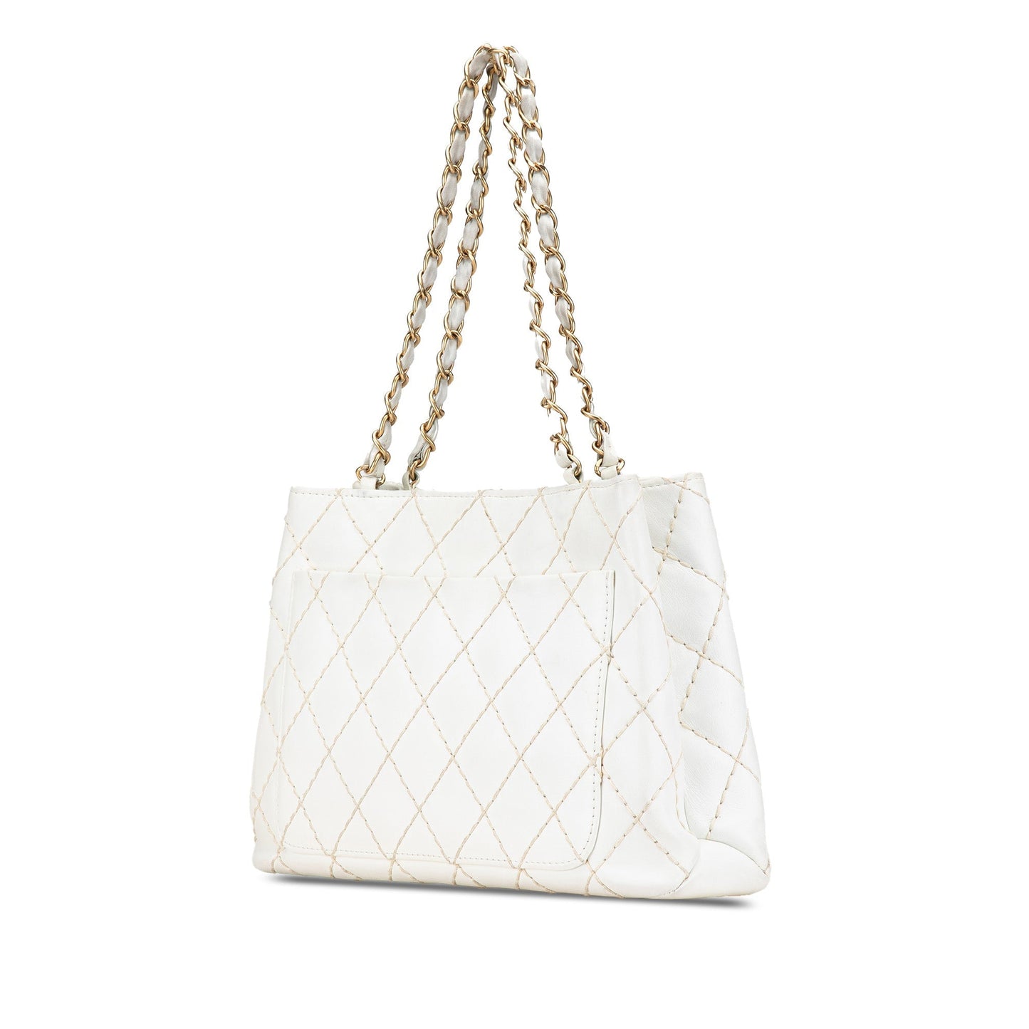White Chanel CC Quilted Lambskin Wild Stitch Tote