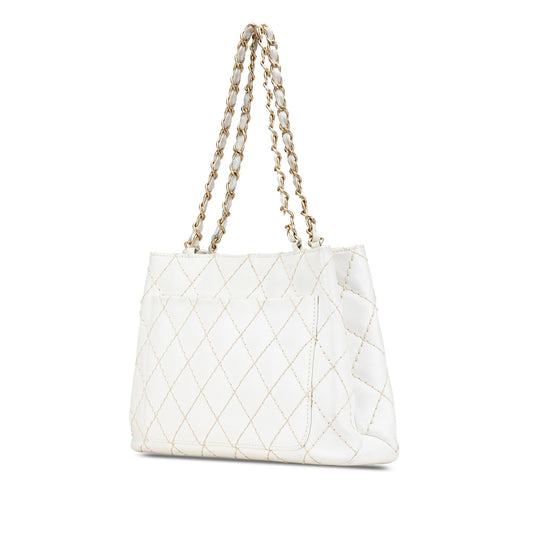 White Chanel CC Quilted Lambskin Wild Stitch Tote
