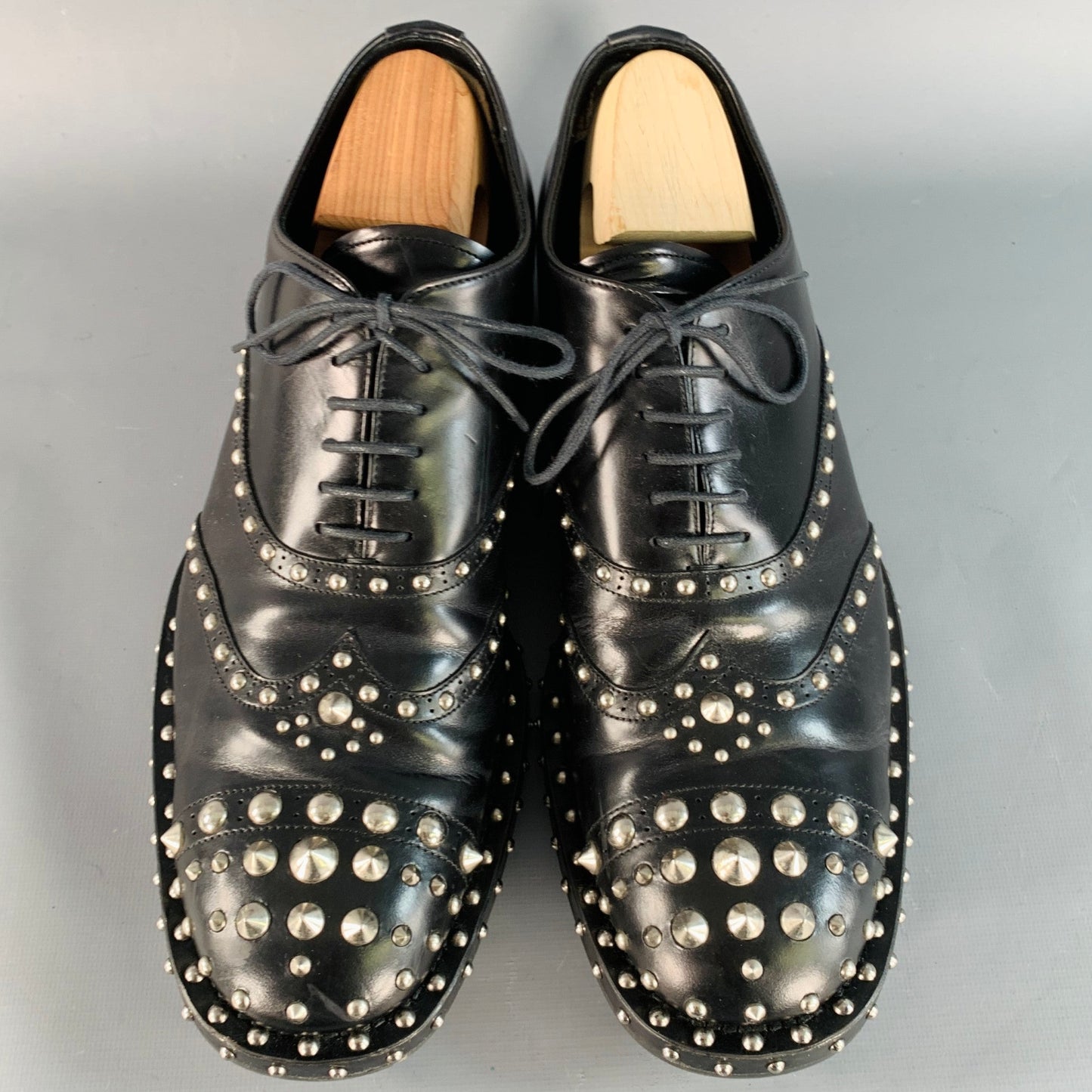 PRADA Size 10 Black Silver Studded Leather Cap Toe Lace Up Shoes
