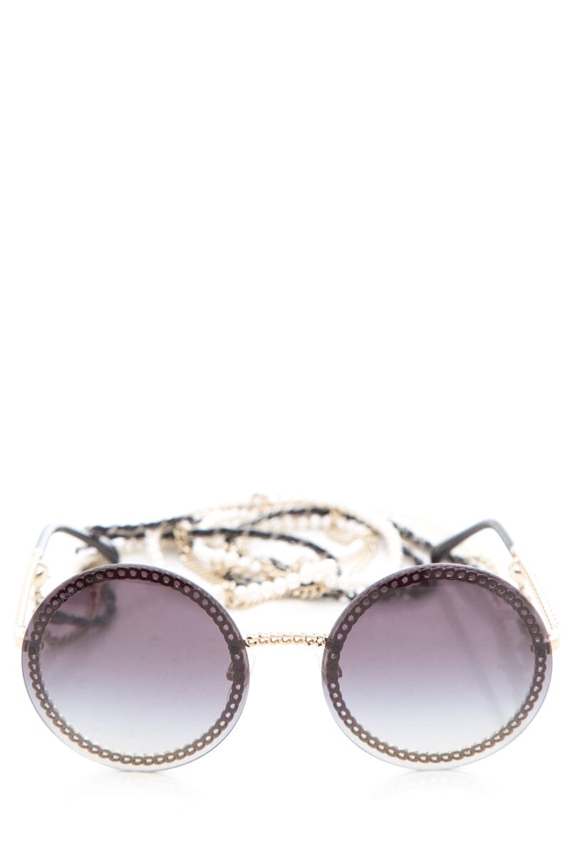 Chanel Black Round Pearl Chain Detail Sunglasses