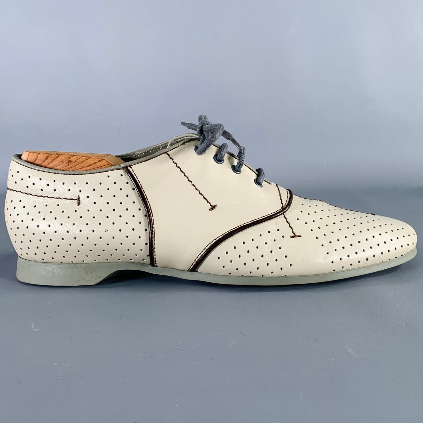 PRADA Size 7.5 Grey Brown Perforated Leather Lace-Up Shoes
