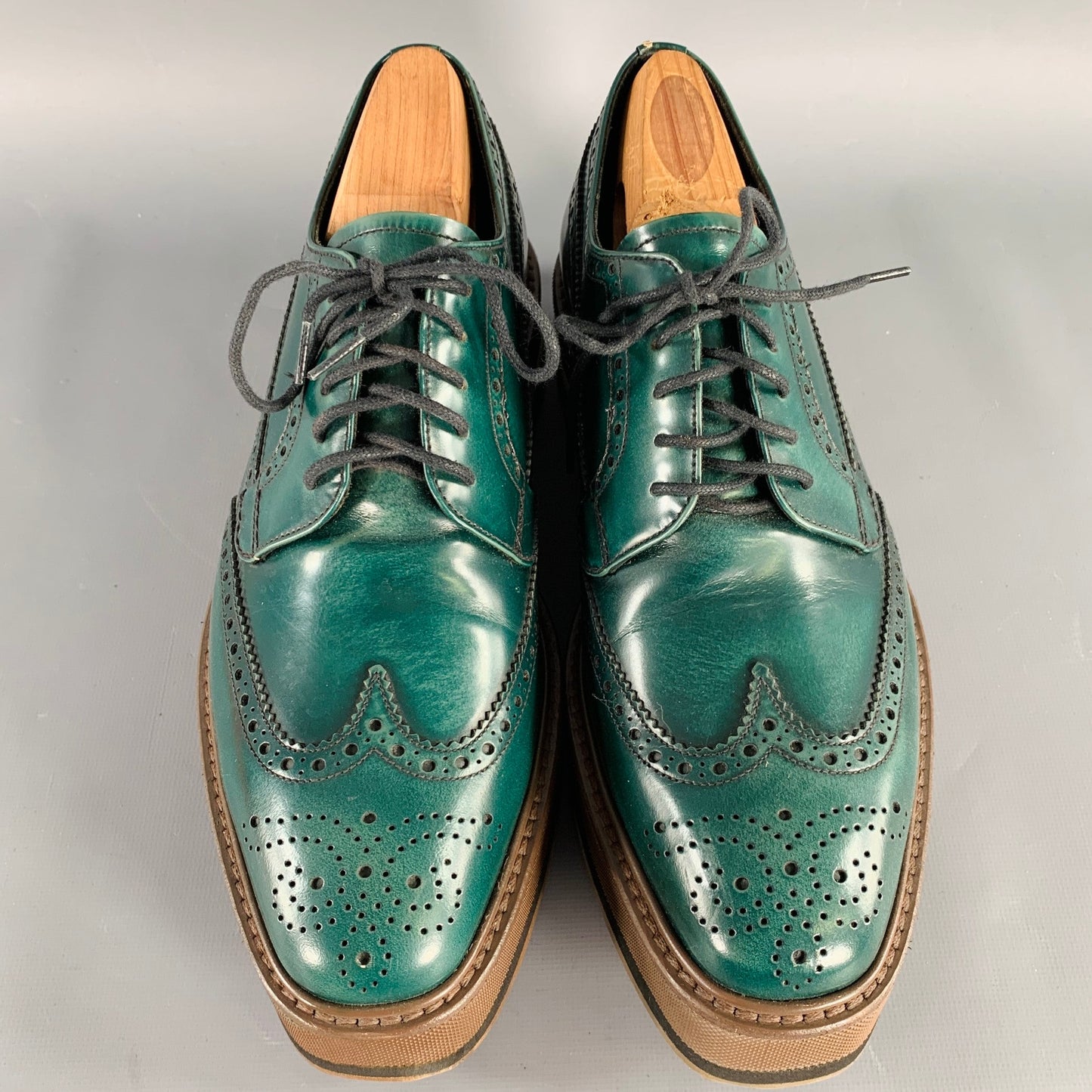 PRADA Size 6.5 Green Brown Wingtip Leather Platform Lace-Up Shoes