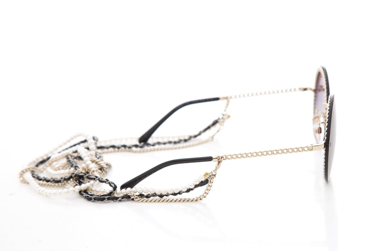 Chanel Black Round Pearl Chain Detail Sunglasses