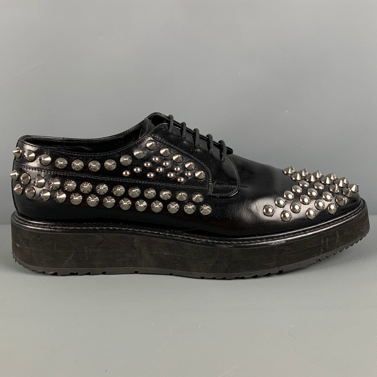 PRADA Size 9 Black Silver Studded Leather Platform Lace-Up Shoes