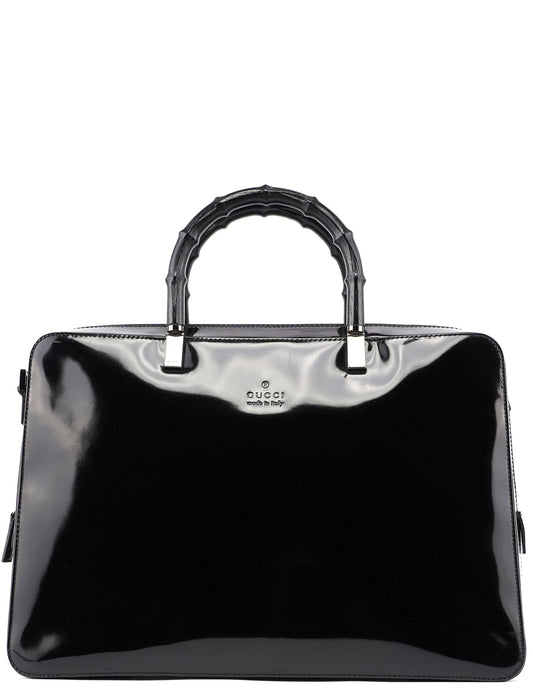 000 0829 Black Patent Leather Bamboo Tote