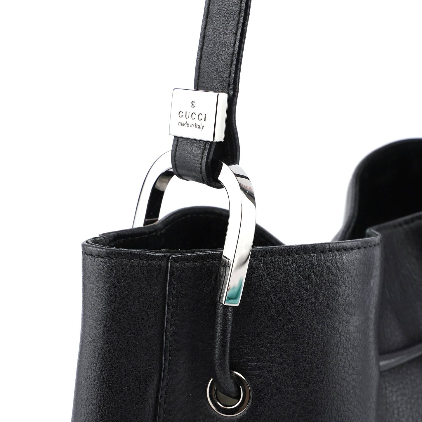 001 3748 Black Calfskin Drawstring Shoulder Bag