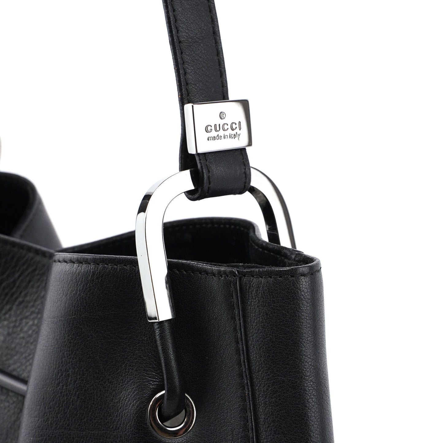 001 3748 Black Calfskin Drawstring Shoulder Bag