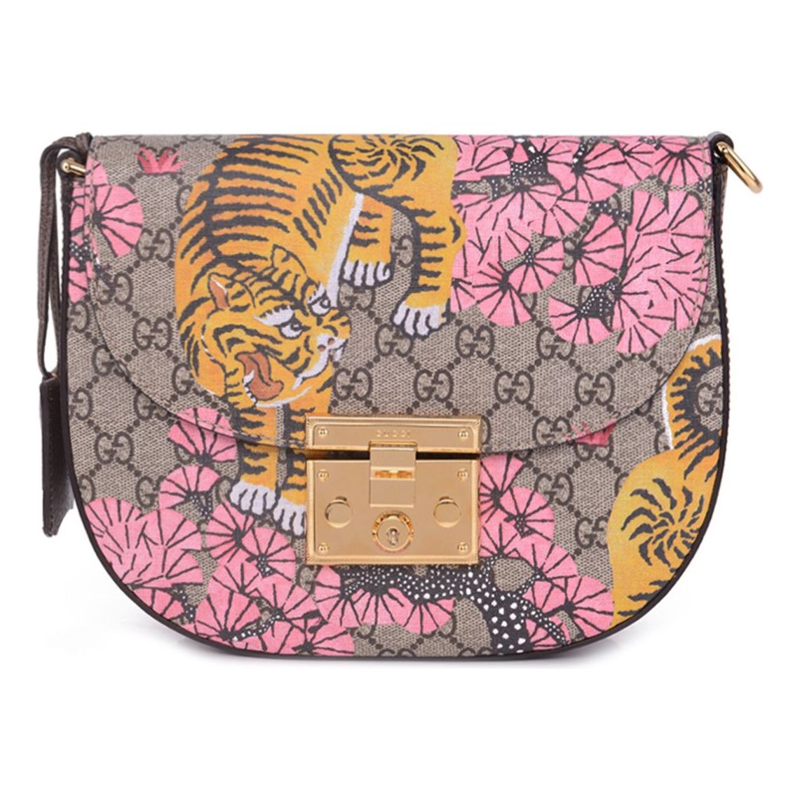 (WMNS) GUCCI Padlock Metallic TIGER Printing Logo Stripe Webbing Canvas Saddle Bag Shoulder Messenger Bag Ebony / Multicolor 453189-K5P5G-9968