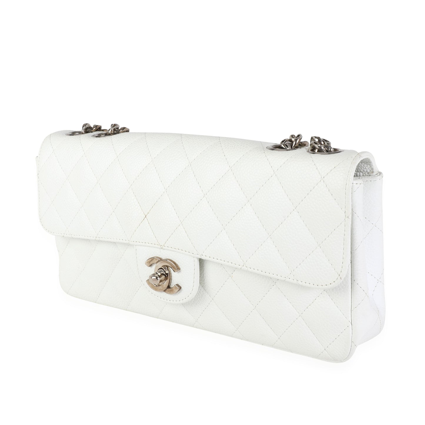 Chanel White Caviar Quilted East West Bijoux Single Flap Bag