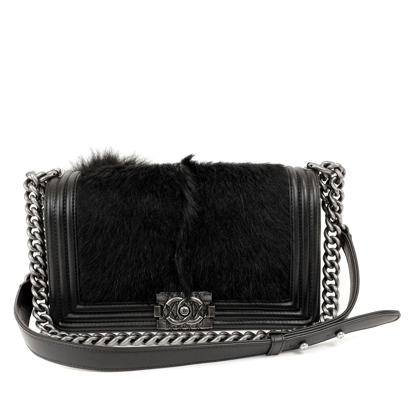 Chanel Black Fox Fur Boy Bag with Tail & Ruthenium Hardware