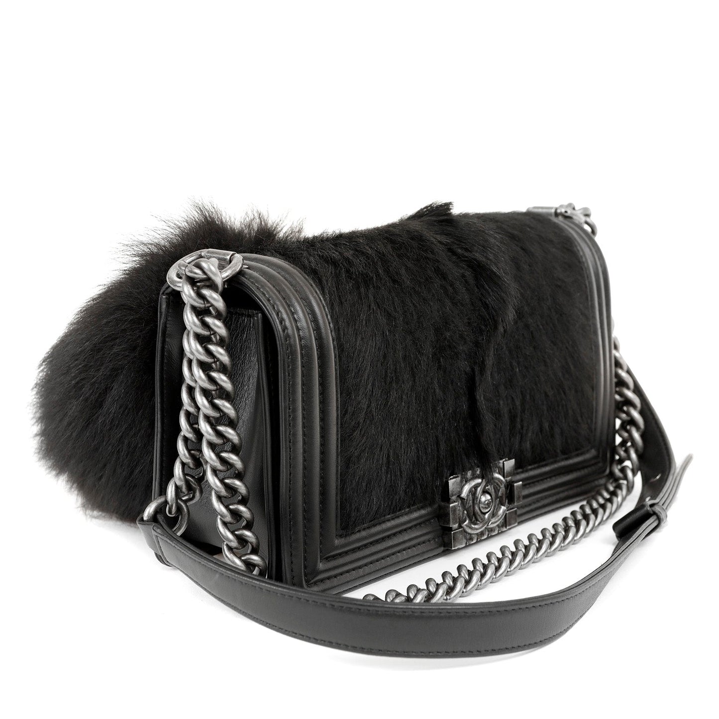 Chanel Black Fox Fur Boy Bag with Tail & Ruthenium Hardware