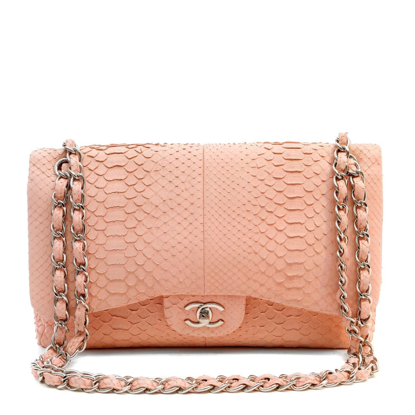 Chanel Bubblegum Pink Python Jumbo Classic w/ Silver Hardware