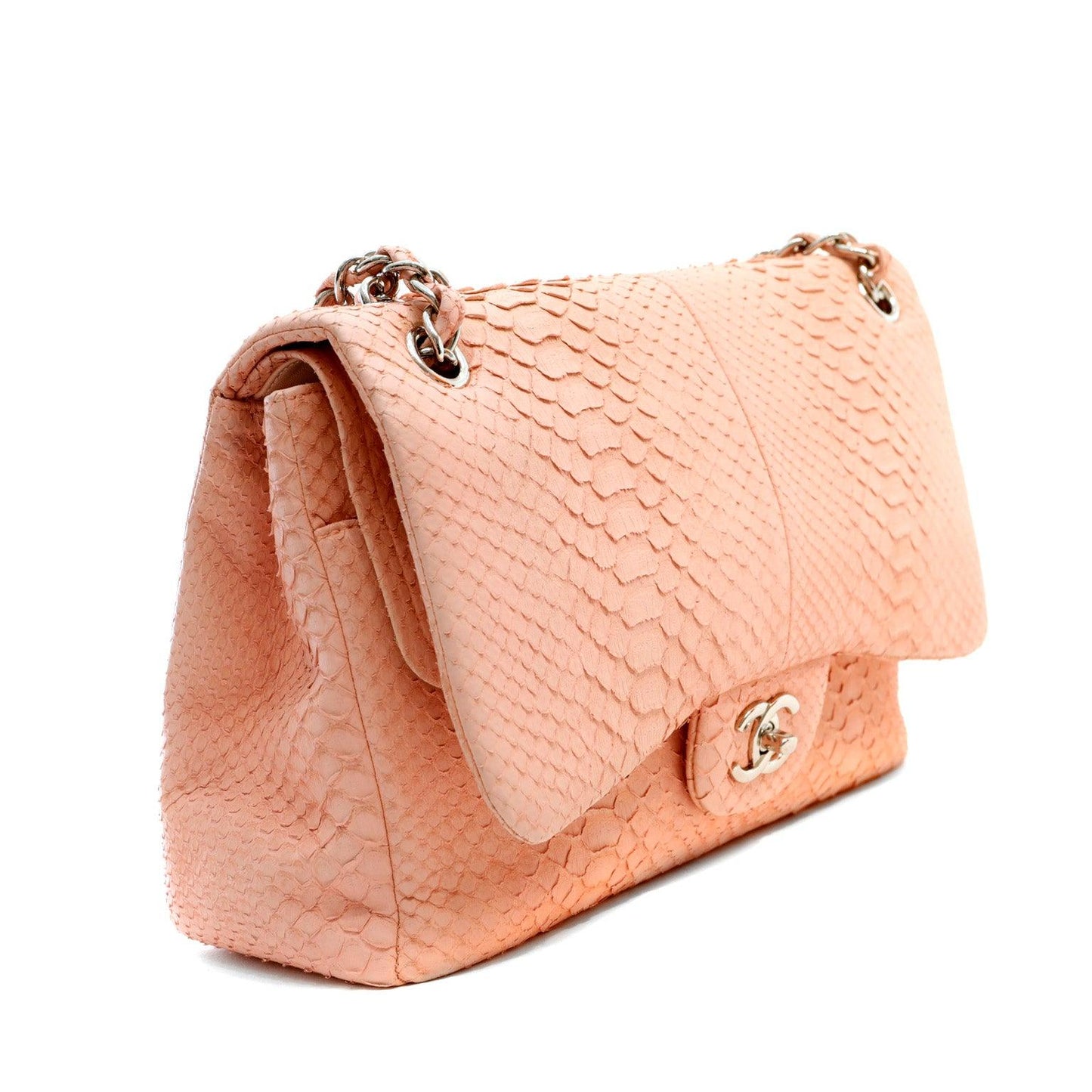 Chanel Bubblegum Pink Python Jumbo Classic w/ Silver Hardware