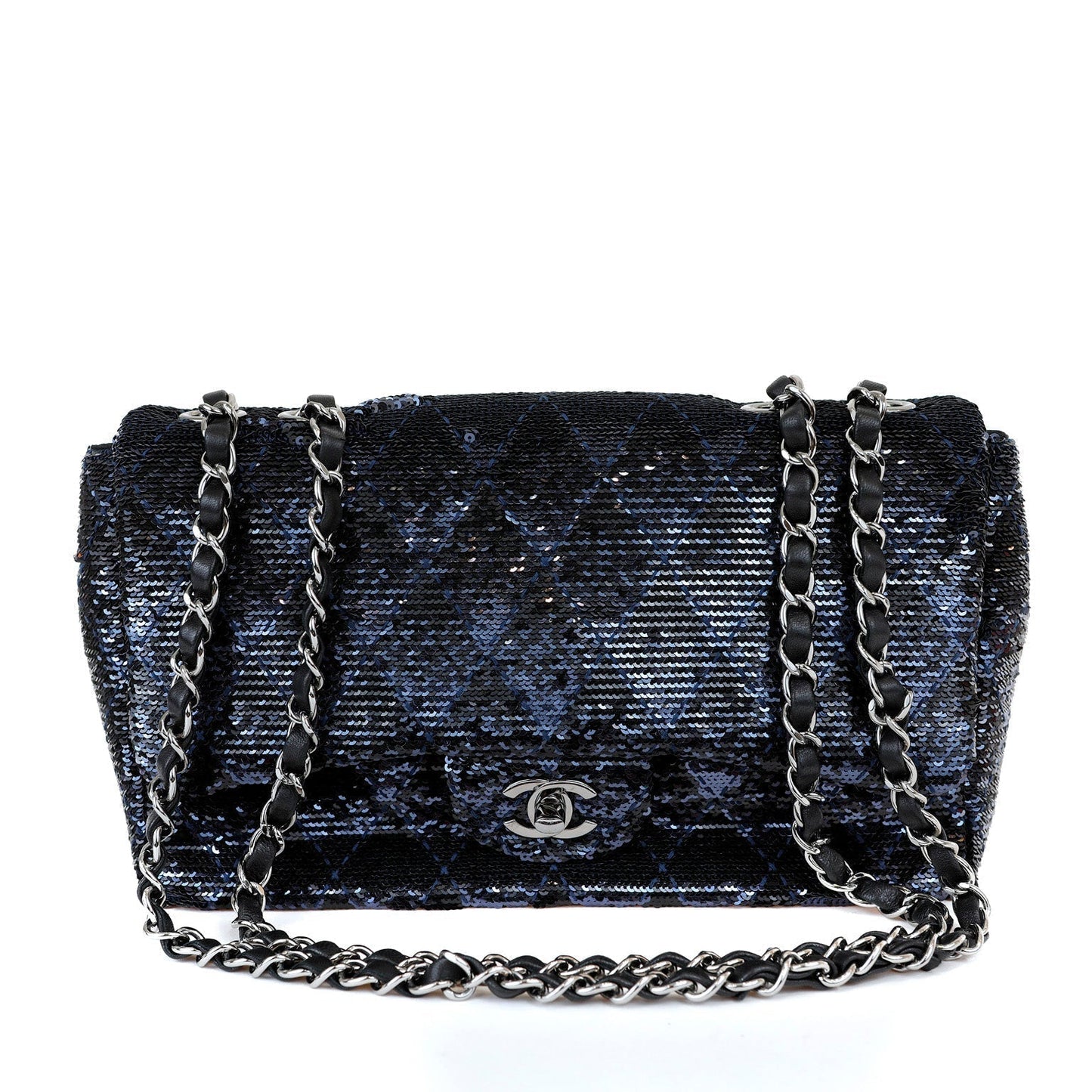 Chanel Black/Navy Sequin Classic Flap Bag w/ Silver Hardware