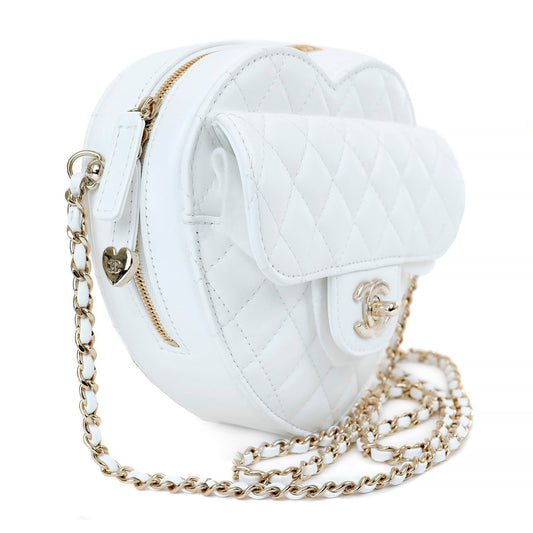 Chanel White Lambskin Mini Heart Bag with Gold Hardware