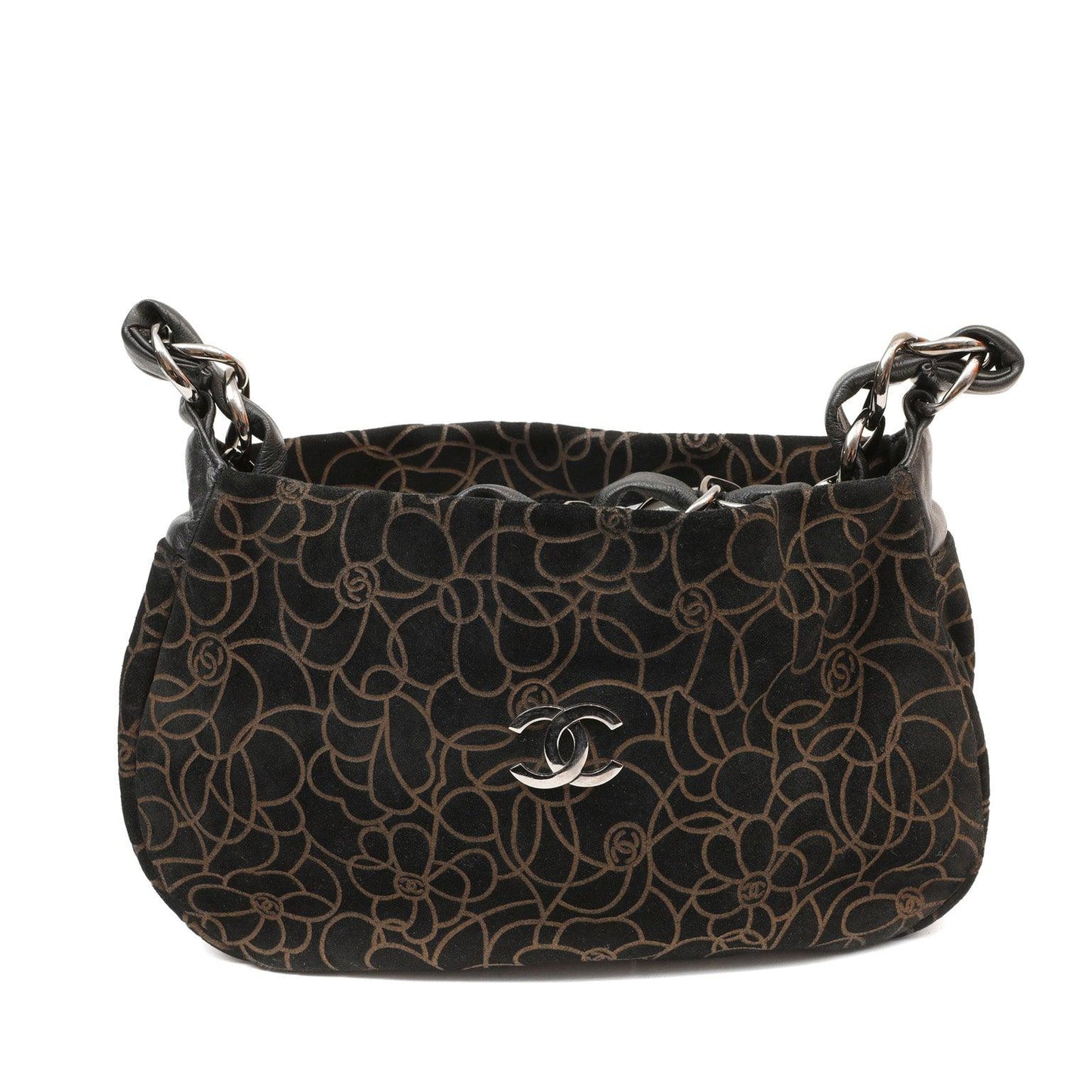 Chanel BlackxBrown Suede Shoulder Bag w/ Gold Camellias & Silver Hardware