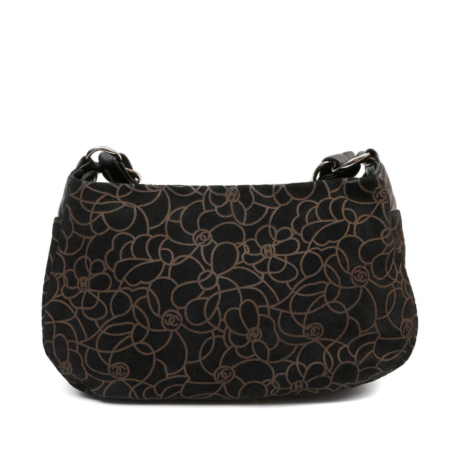 Chanel BlackxBrown Suede Shoulder Bag w/ Gold Camellias & Silver Hardware