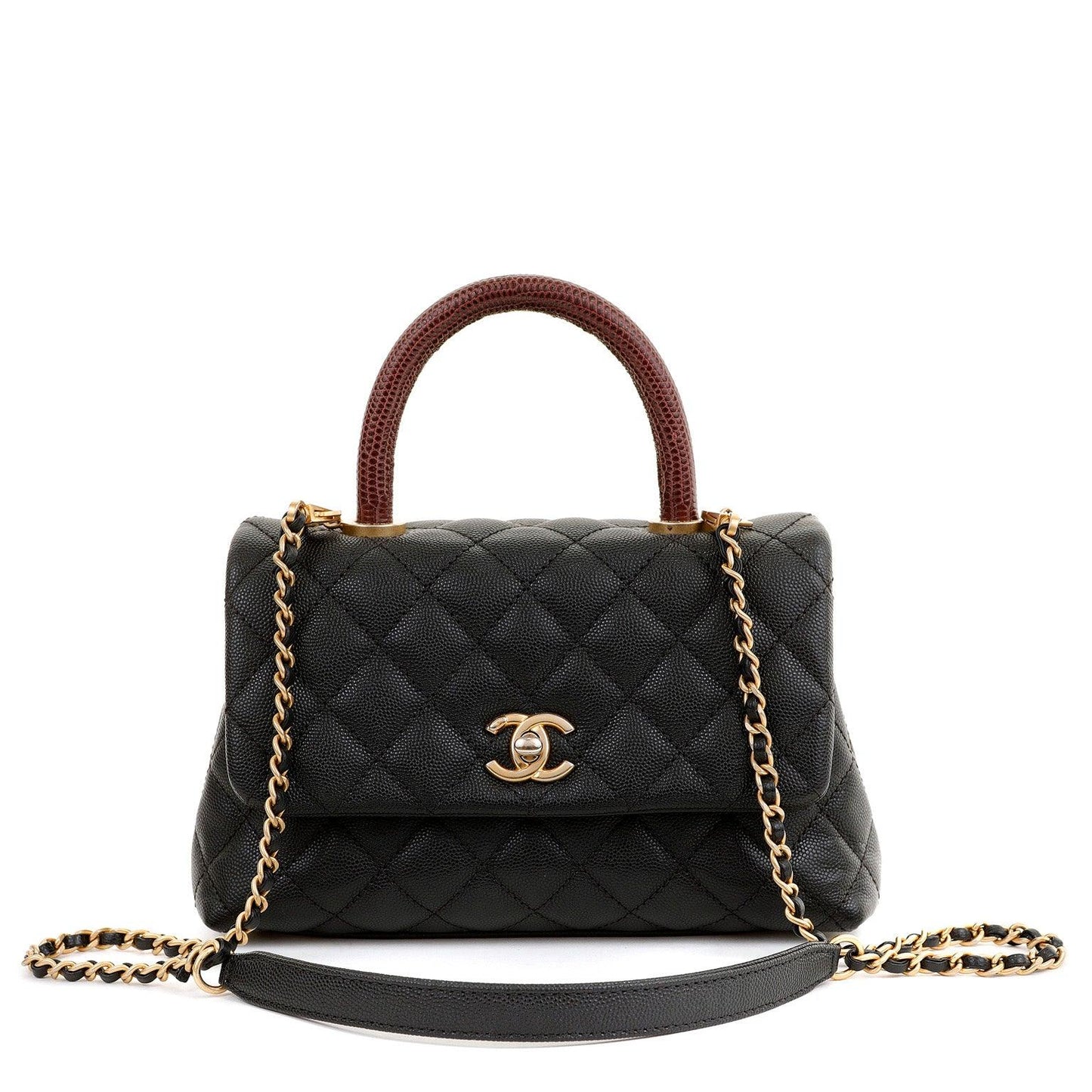Chanel Black Caviar Lizard Coco Handle Small Flap Bag with Gold Hardware