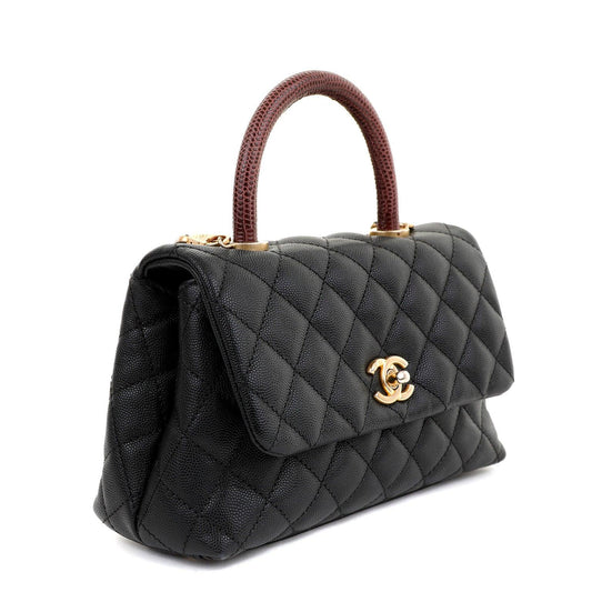 Chanel Black Caviar Lizard Coco Handle Small Flap Bag with Gold Hardware