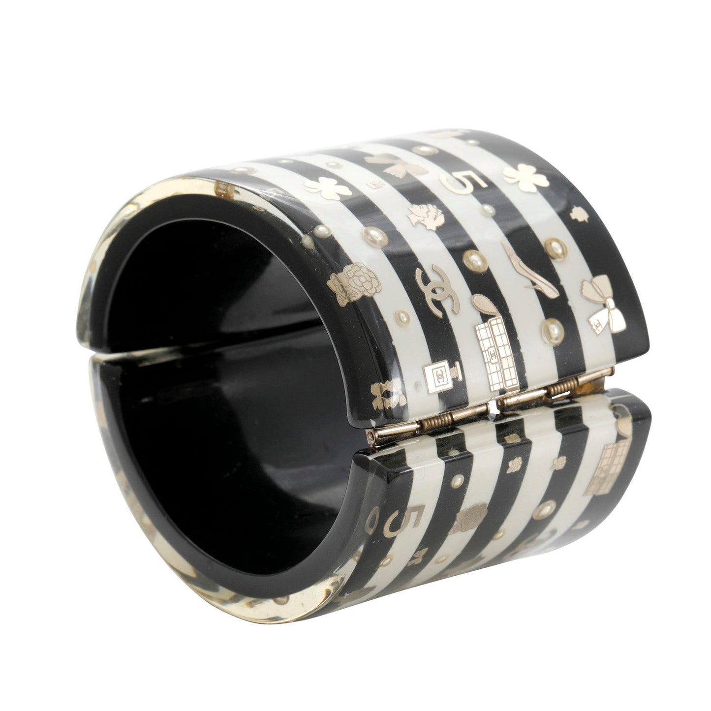 Chanel Black and White Striped Lucite Icons Cuff with Pearls and Silver Hardware