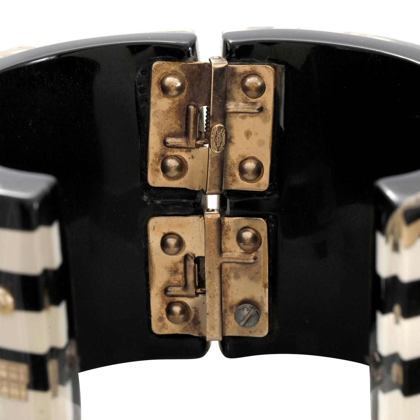 Chanel Black and White Striped Lucite Icons Cuff with Pearls and Silver Hardware