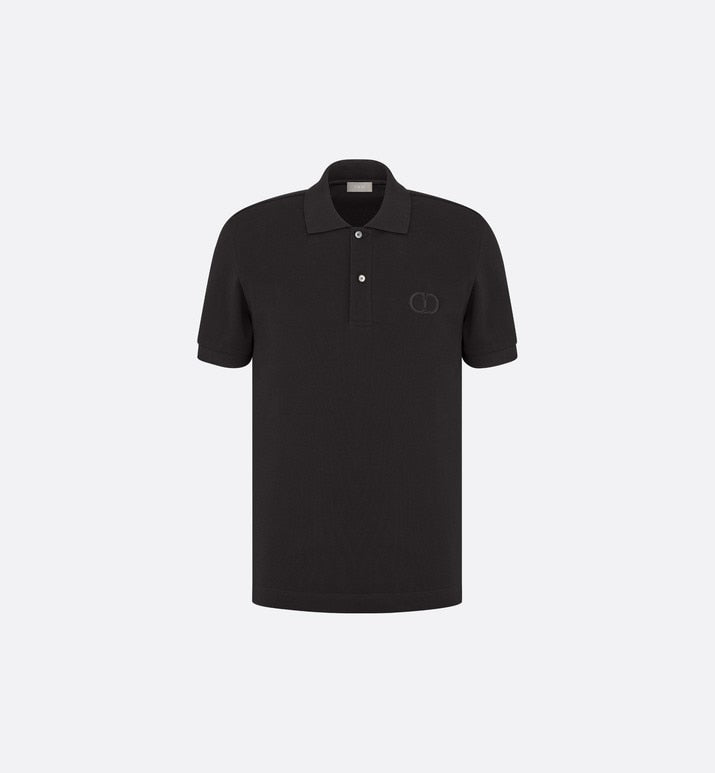 Polo Shirt with 'CD Icon' Signature • Black Cotton Piqué