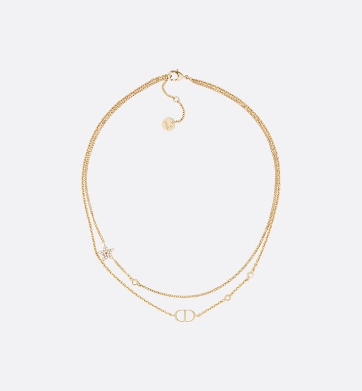 Petit CD Double Necklace • Gold-Finish Metal and White Crystals